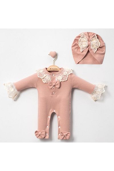 yukobaby bebeğiniz için en doğalı BABY LACE BONNET 2-PIECE JUMPSUIT SUIT SET YK1057