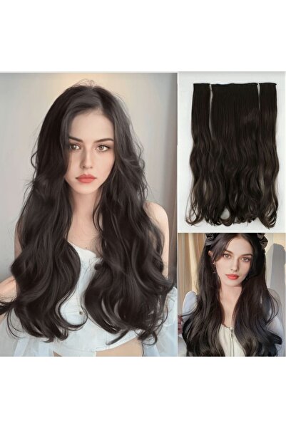 AKOLİFE Koyu Kestane Dalgalı Yarımay + 2 Yan Çıt Çıt Postiş Saç Set - Isıya D...