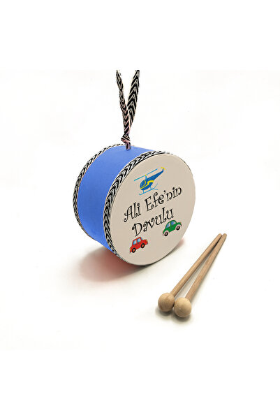 BAKSEPETE Araba Ve Helikopter Resimli, Isimli, Gerçek Deri, Oyuncak Çocuk Davulu (1-5 YAŞ)(MAVİ)