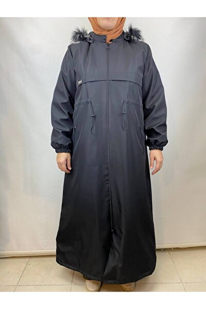 ECALAMODE معطف بونديت بخصر مطاطي وغطاء للرأس من الفرو باللون الأسود