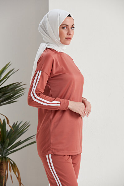 Defne Bahar Printed Stripe Detailed Double Hijab Set Onion Skin