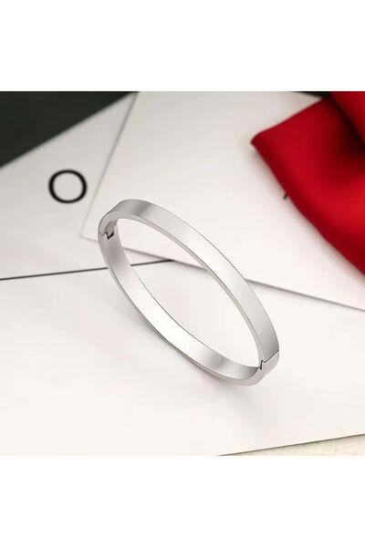 Power Es Kararmaz Solmaz Düz Orta Çelik Gümüş Renk Kalın Kelepçe Bilezik