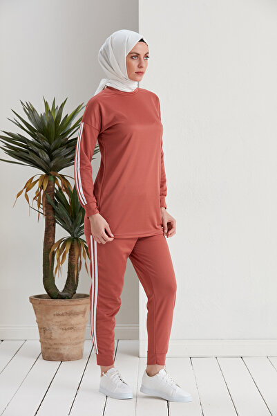 Defne Bahar Printed Stripe Detailed Double Hijab Set Onion Skin