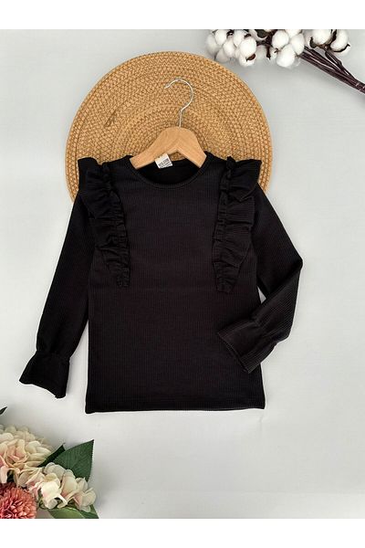 Minigimin Cicileri My Mini's Flowers Ruffle Collar Ribbed Girl's Sweat - Black