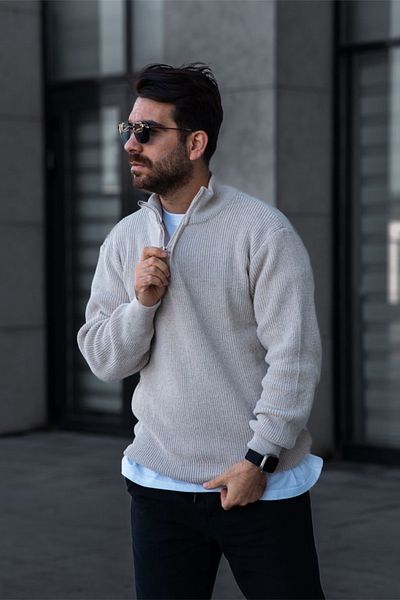 MADZEYMODA Ανδρικό πλεκτό πουλόβερ Selanik με μισό φερμουάρ πέτρα μπεζ