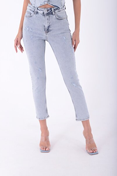 RICHMOST بنطال جينز نسائي عالي الخصر وجيب ممزق بطول الكاحل من قماش الدنيم الأ...