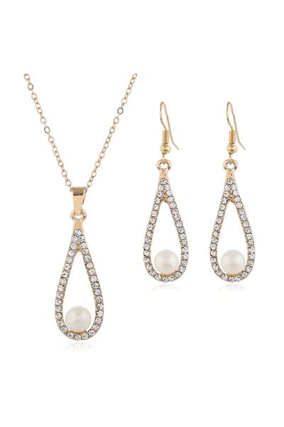 Girift Vintage Glisten Crystal Water Drop Necklace Earring Jewelry Set with Pearl Stone