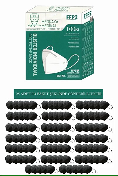 Medkaya 5 KATLI-SİYAH-FFP2 MASKE 100 ADET %98 BFE MEDKAYA MEDİKAL