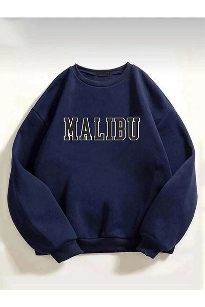 Rokeby Cotton Oversize Malibu Printed Crew Neck Navy Blue Sweatshirt