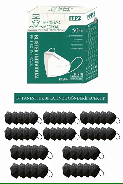 Medkaya 5 KATLI-SİYAH-FFP2 MASKE 50 ADET %98 BFE MEDKAYA MEDİKAL