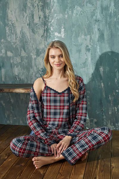 cotonhause Women's Long Sleeve Suede 3-Piece Plaid Navy Blue Pajama Set C2T0N7O01-7