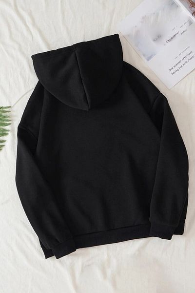 Rokeby Cotton Oversize Malibu Printed Kangaroo Pocket Hooded Black Sweatshirt Hoodie