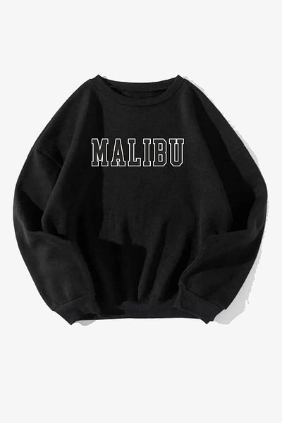 Rokeby Cotton Oversize Malibu Printed Crew Neck Black Sweatshirt