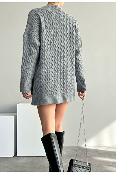 Laluvia Gray Hair Braid Detailed Crew Neck Slits on the Sides Sweater
