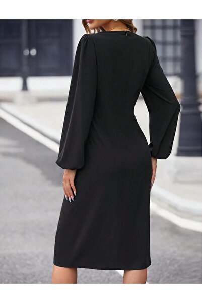 Styling Park Balon Kol Yırtmaçlı Kare Yaka Elbise