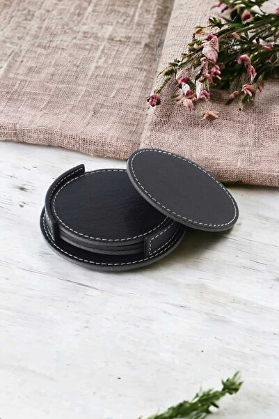 Rubicon Bardak Altlığı Dikişli Suni Deri Siyah 4 Adet ( Stantlı )