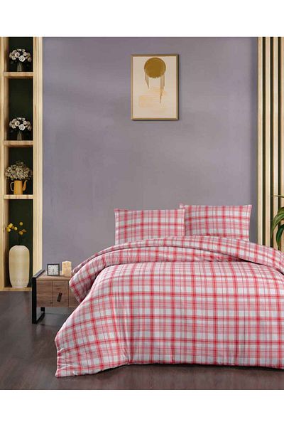 Menderes Home Cotton Collection Flannel R Double Duvet Cover Set Plaid Red
