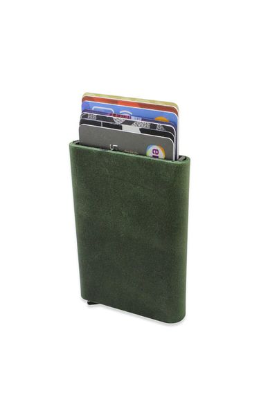 Tesbihane Modern Design All Hand Stitched Green Crazy Leather Mechanized Card Holder-Wallet