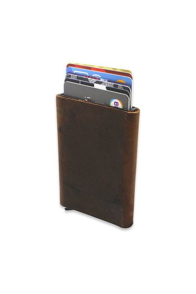 Tesbihane Modern Design All Hand Stitched Brown Crazy Leather Mechanical Card Holder-Wallet