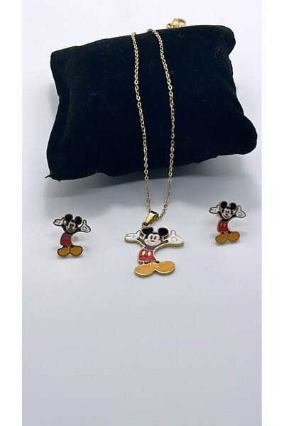 By Semra Sevimli Figürlü Paslanmaz Çelik Kolye Küpe Set Takım