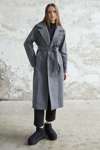 InStyle Simon Striped Pattern Belted Cashmere Coat - Gray