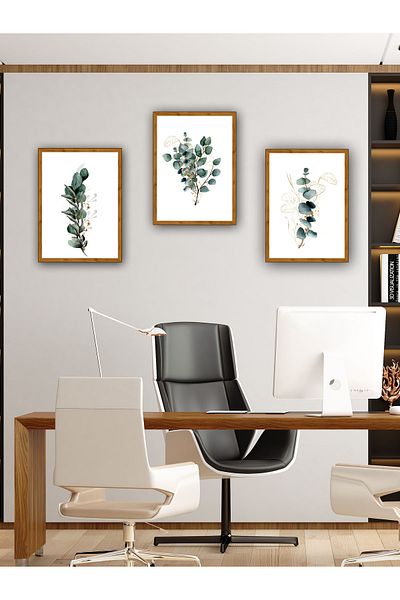 YALOVA SHOP Set de pictură decorativă cu ramuri de eucalipt din 3 piese (cadru imprimat cu aspect de nuc din lemn)