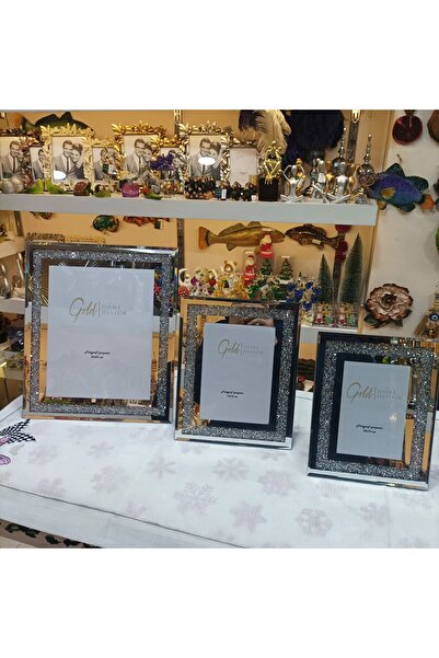 Gold home design Fotoğraf Çerçevesi 3'lü Set Aynalı Taşlı