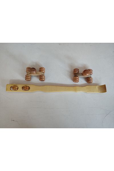 hagiki (Set of 3) Wooden Massage Set, 1 Back Scratching and 2 Wheeled Massage Tool