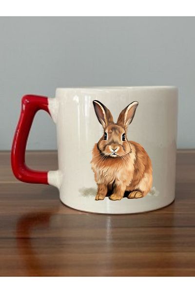 lili hediyelik Rabbit Visual Red Handled Mug Cup - Ceramic Tea, Coffee Gift Cup