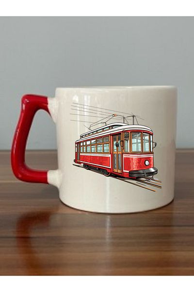 lili hediyelik Tram Themed Red Handle Mug Cup - Ceramic Tea, Coffee Gift Cup