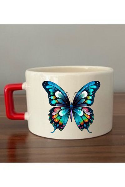 lili hediyelik Cup with Butterfly Image and Red Handle Ceramic Mug - Ceramic Tea, Coffee Gift Cup