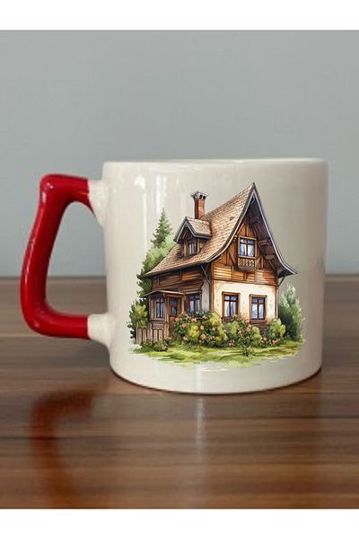 lili hediyelik Red Ceramic Tea and Coffee Cup - Village House Themed Mug with Handle