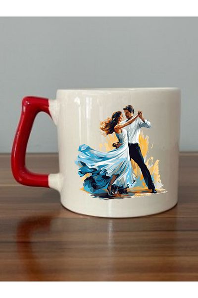 lili hediyelik Dancing Woman and Man Themed Red Handled Mug Cup - Ceramic Tea, Coffee Gift Cup