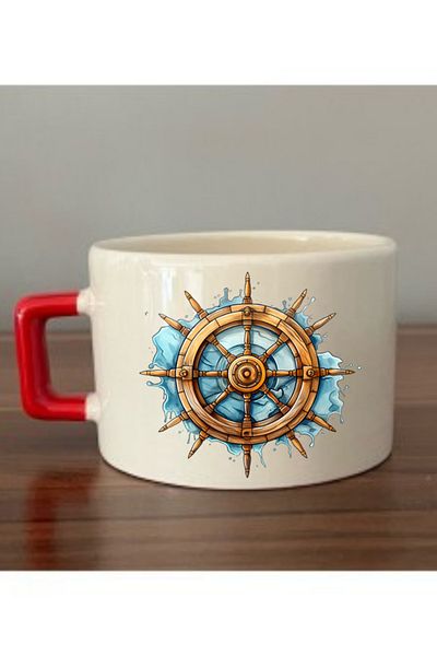 lili hediyelik Red Ceramic Cup Mug - Gift Cup with Ship Wheel Image, Handle and Parachute