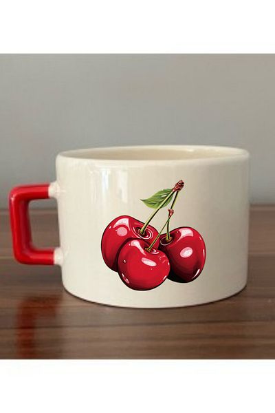lili hediyelik Ceramic Cup with Red Handle with Cherry Image - Ceramic Tea, Coffee Gift Cup