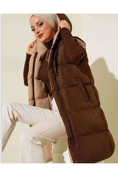 ECRİN MODA Дамска двулицева жилетка с пуф кафяв бежов цвят