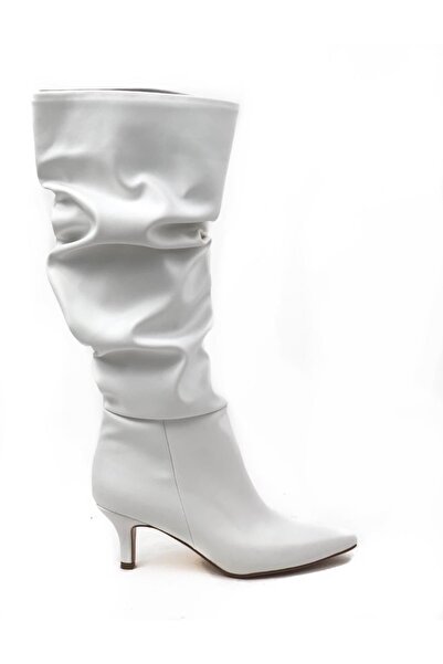 M&B COLLECT Vern Skin White Below the Knee Bellows Cowboy Boots Almond Heeled Low Heel