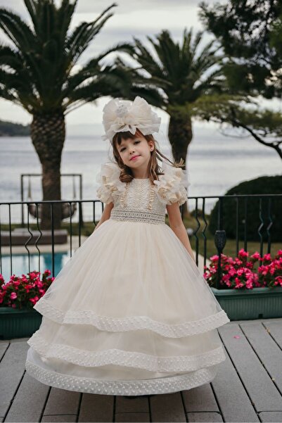 Pepo Kids Özel Tasarım Uzun Kız Çocuk Taç Aksesuarlı Abiye Doğum Günü Elbisesi