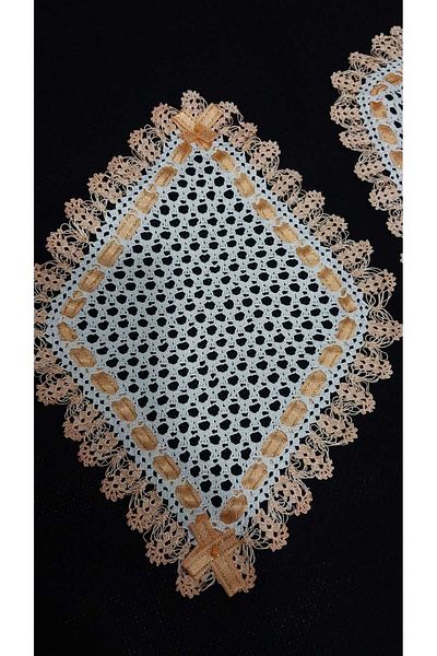 Papatyam Hand Knitted Crochet Embroidery 2 Piece Coffee Table Cover Set/Handcrafted Lace Cover/25x35