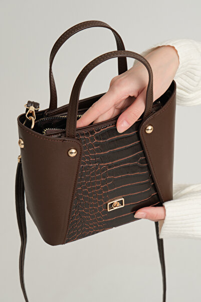 mossi Kahverengi Timsah Derisi Görünümlü Kadın El/Omuz Çantası