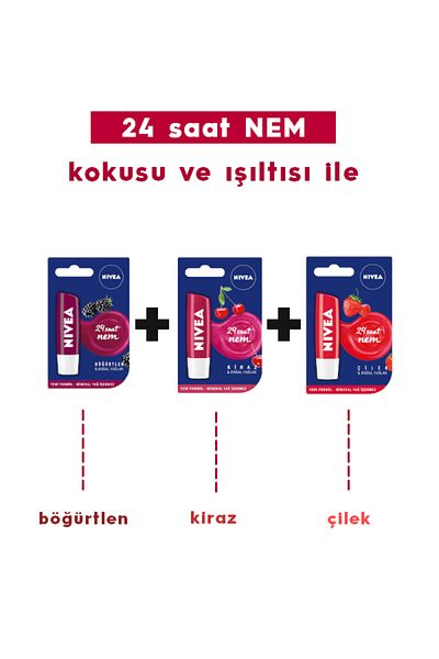 NIVEA Lip Balm 3 in 1 + Strawberry 4,8 gr + Blackberry 4,8 gr + Cherry 4,8 gr