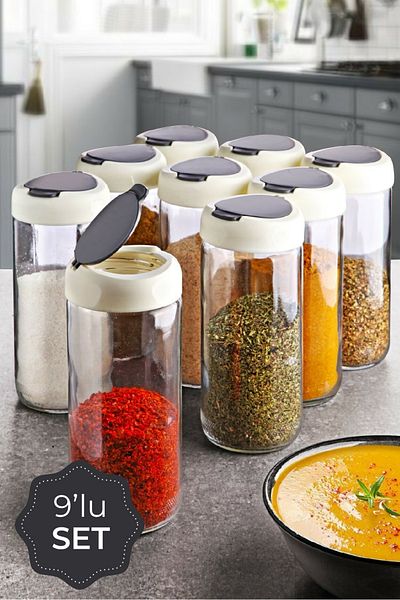 Vienev 9-Piece 500 ml Glass Spice Rack with Gray and White Lid