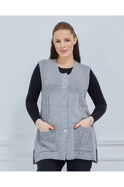 Fresh&Moda Women's Round Neck Knitwear Buttoned Winter Wool Vest with Pockets