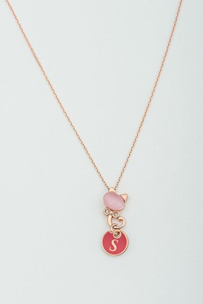 Sinsirella 925 Ayar Gümüş Rose Kaplama Ay Taşı S Harfli Kedi Kolye