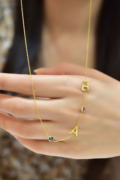 Sinsirella 925 Ayar Gümüş Gold Kaplama Doğum Taşlı Zirkon Taşlı Harfli Kolye