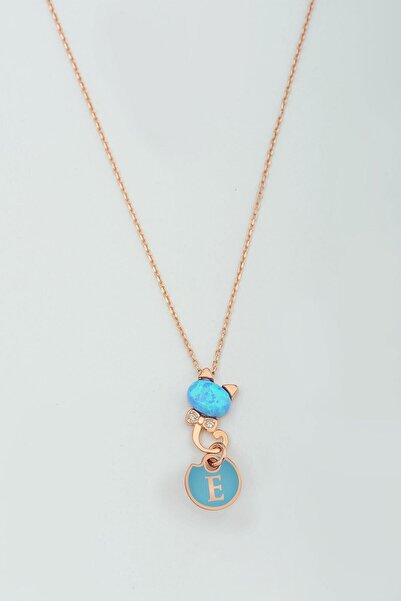 Sinsirella 925 Ayar Gümüş Rose Kaplama Opal E Harfli Kedi Kolye