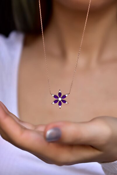 Sinsirella 925 Ayar Rose Kaplama Mor Sedef Mineli Kamelya Çiçeği Kolye