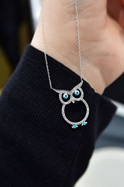 Sinsirella 925 Ayar Gümüş Rodyum Kaplama Mineli Nazar Gözlü Baykuş Kolye