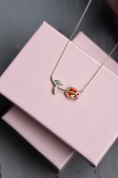 Sinsirella 925 Ayar Gümüş Rodyum Kaplama Turuncu Taşlı Lale Kolye