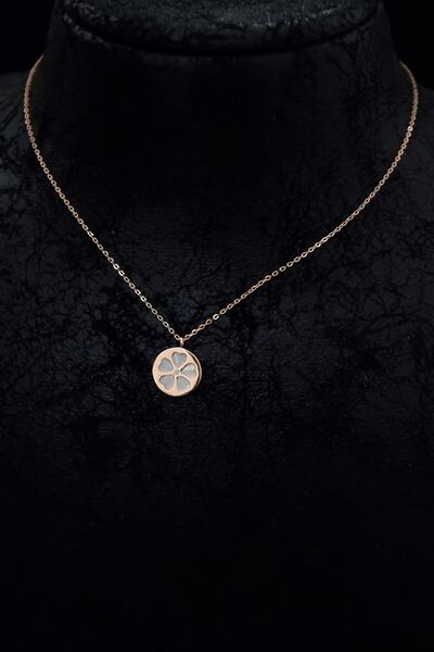 Sinsirella 925 Ayar Gümüş Rose Kaplama Sedef Plaka Üzeri Yonca Kolye